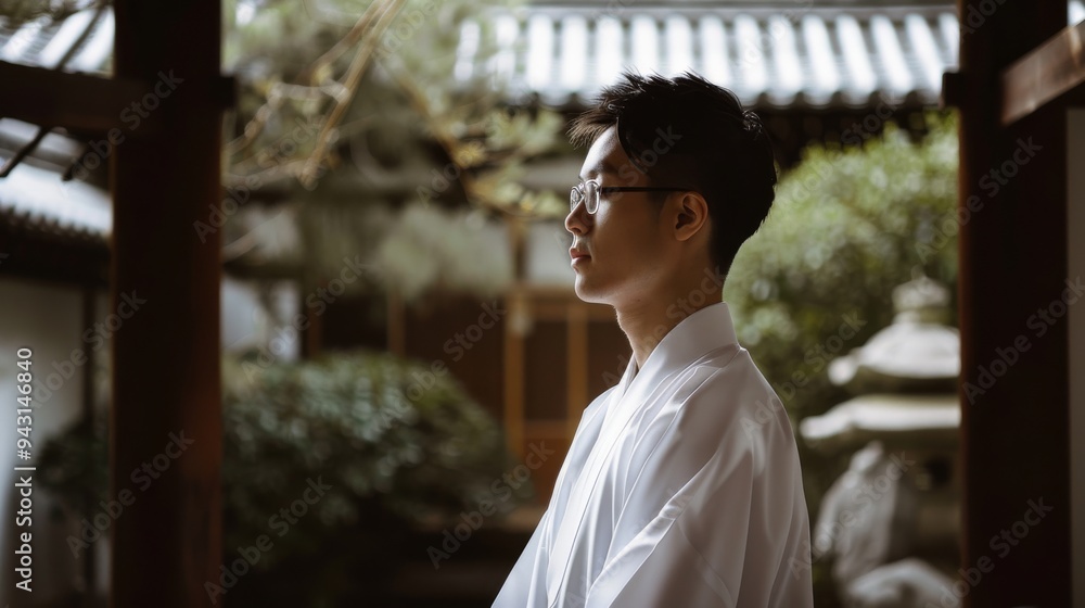 Fototapeta premium A serene young man, dressed in traditional attire, stands composed and reflective in a tranquil courtyard surrounded by lush greenery.