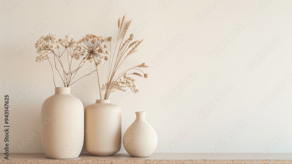 Three simple beige vases with various dried flowers, arranged neatly against a soft background, exuding tranquility and minimalism. Three simple beige vases with various dried flowers, arranged neatly against a soft background, exuding tranquility and minimalism.
