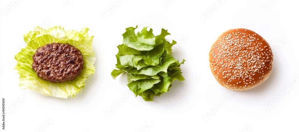 A hamburger is pictured with its bun, meat, and lettuce vegetables for cooking the hamburger, a popular fast food item. A hamburger is pictured with its bun, meat, and lettuce vegetables for cooking the hamburger, a popular fast food item.