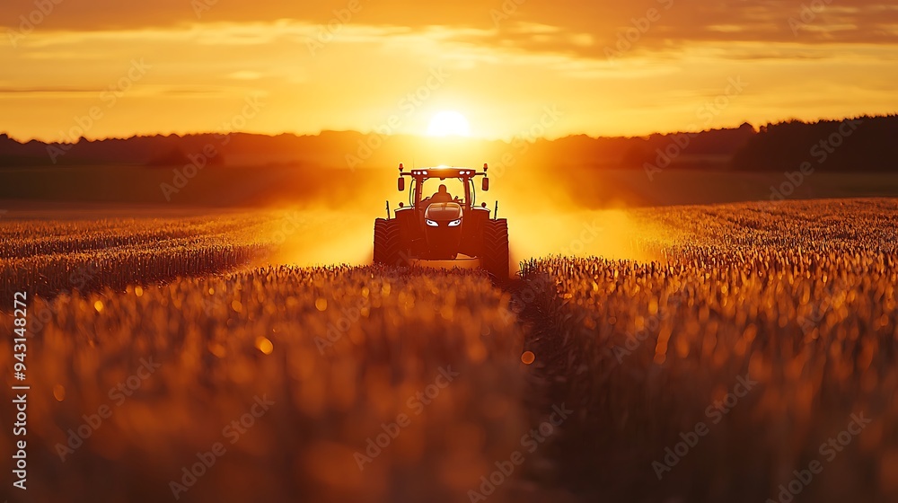 Fototapeta premium A tractor silhouette stands out against the vibrant colors of a sunset in a wheat field, a scene of rural beauty and hard work.