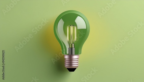A modern green light bulb against a soothing green background, symbolizing eco-friendly energy solutions and creativity.