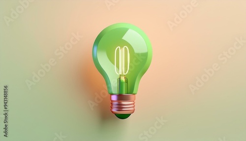 A vibrant green light bulb glowing softly against a pastel background, symbolizing eco-friendly energy and innovation.