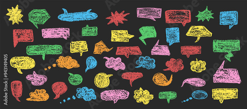 Set of fun speech bubbles for chat. Comic frame templates for dialogues. Collection of children speech balloons handwriting with wax pen. Colorful frames in school doodle style. Vector illustration