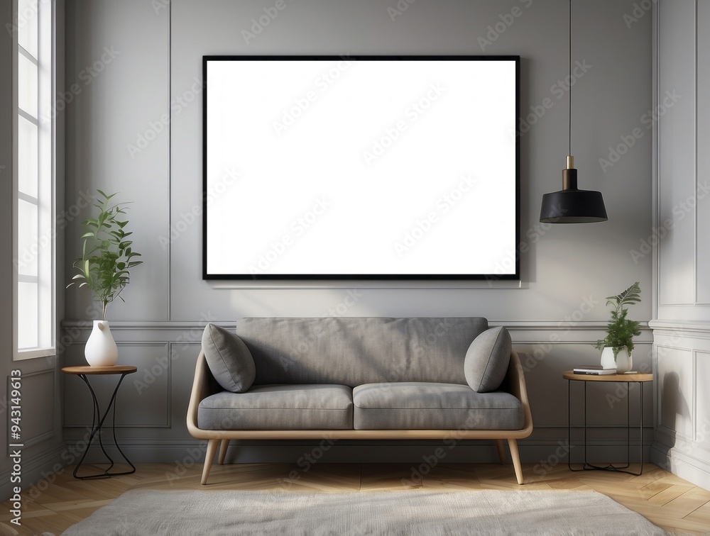 Modern Living Room with a Gray Sofa, a Blank Canvas and a Black Pendant Light Modern Living Room with a Gray Sofa, a Blank Canvas and a Black Pendant Light