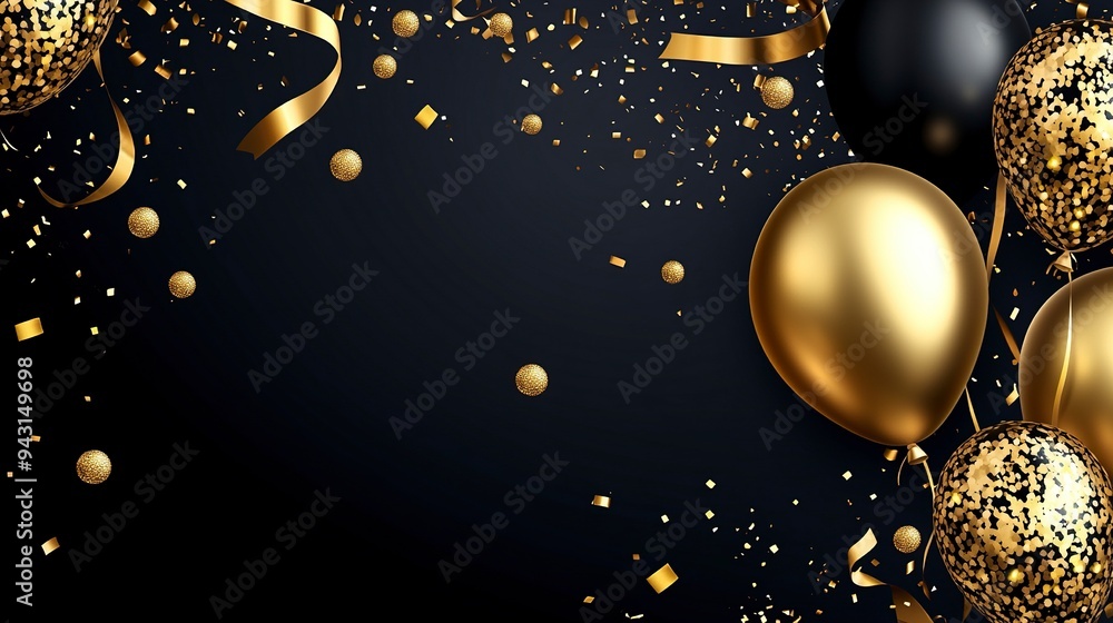 Obraz premium 2025 New Year elegant card design featuring gold and black with golden balloons, confetti, and ribbons. Ideal for holiday greetings, invitations, and Christmas celebrations generative ai