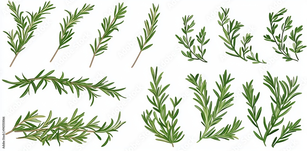This is a flat lay of fresh vegetable herb rosemary twigs and green leaves for garnishing food menus, shown as an isolated background. This is a flat lay of fresh vegetable herb rosemary twigs and green leaves for garnishing food menus, shown as an isolated background.