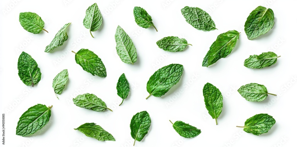 Mint leaves for garnishing food, desserts, and drinks, isolated on a green background. Peppermint leaves for garnishing food, desserts, and drinks. Mint leaves for garnishing food, desserts, and drinks, isolated on a green background. Peppermint leaves for garnishing food, desserts, and drinks.