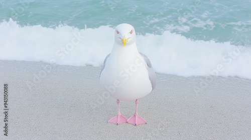 A white seagull with grey wings and pink feet stands on a sandy beach by the ocean, facing the camera, capturing the essence of coastal life and solitude. photo