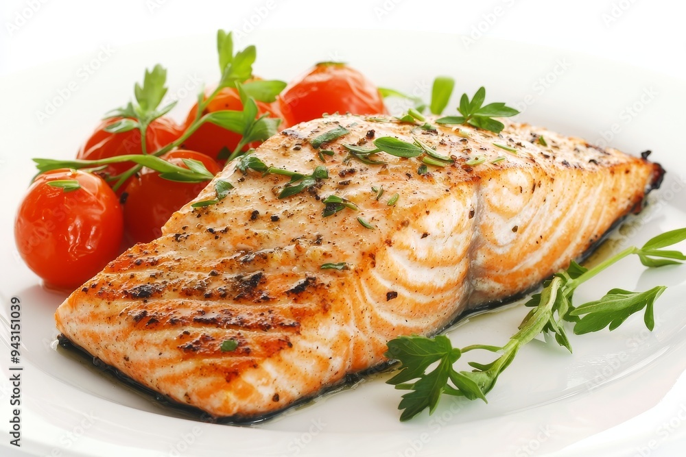 Griddle roasted salmon steak on a white plate with falling salmon, peppers, and tomatoes in the air, isolated against a white background. Griddle roasted salmon steak on a white plate with falling salmon, peppers, and tomatoes in the air, isolated against a white background.