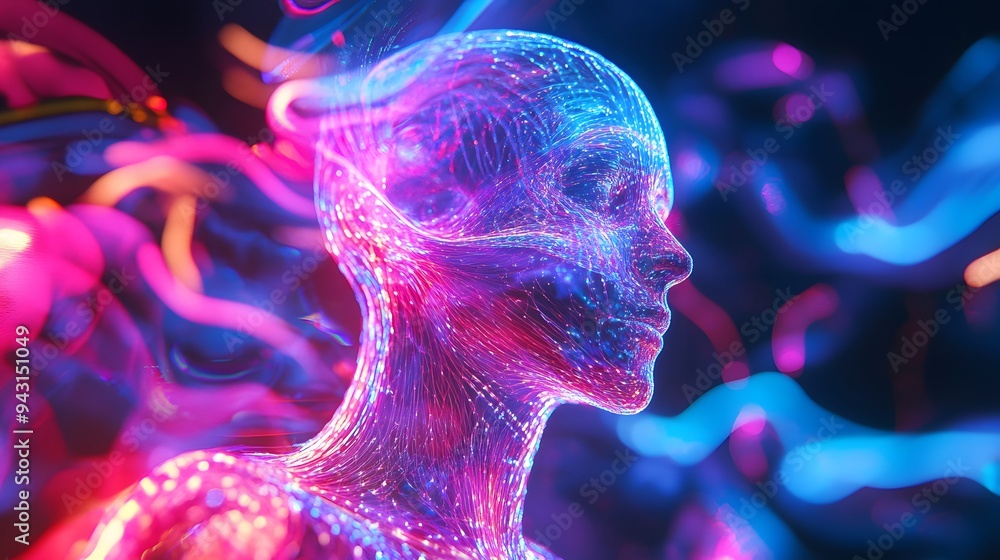 5. **Create an abstract representation of a hologram of a human body, with artistic, flowing lines and glowing effects that suggest the body is form without focusing on anatomical accuracy. The 5. **Create an abstract representation of a hologram of a human body, with artistic, flowing lines and glowing effects that suggest the body is form without focusing on anatomical accuracy. The