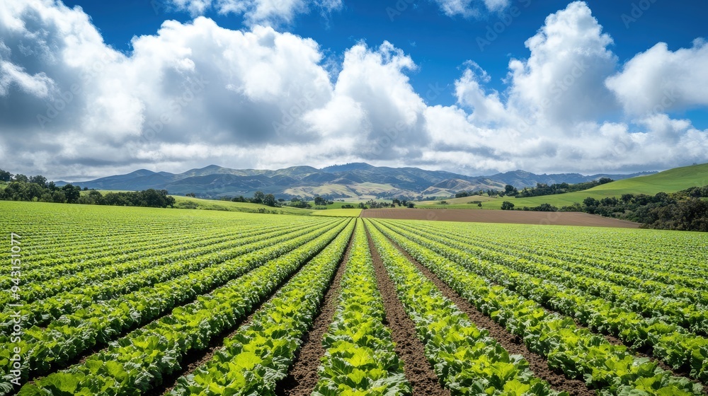 A vibrant lettuce field in Salinas Valley, stretching across the landscape under a bright sky A vibrant lettuce field in Salinas Valley, stretching across the landscape under a bright sky