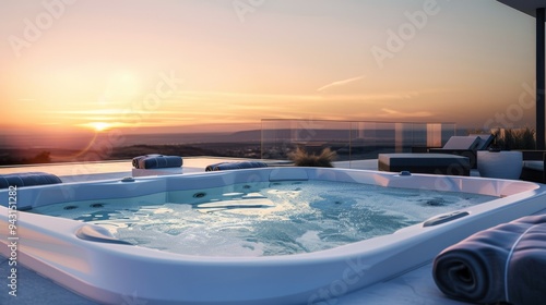 Outdoor jacuzzi on a luxurious terrace overlooking a serene sunset, promising tranquility and relaxation.