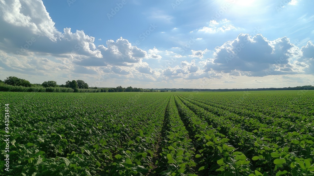 A wide view of a thriving soybean farm field under a clear sky, illustrating the beauty and productivity of agricultural landscapes. A serene and pastoral scene A wide view of a thriving soybean farm field under a clear sky, illustrating the beauty and productivity of agricultural landscapes. A serene and pastoral scene
