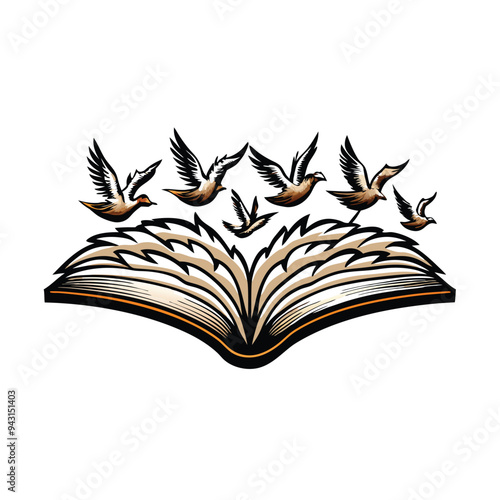 An open book with birds flying out of it, a symbol of knowledge and freedom.