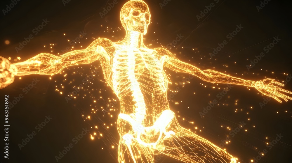 6. **Illustrate a hologram of a human body with a focus on skeletal structure, displaying the bones in a detailed and illuminated format. The background should be dark to enhance the visibility of 6. **Illustrate a hologram of a human body with a focus on skeletal structure, displaying the bones in a detailed and illuminated format. The background should be dark to enhance the visibility of