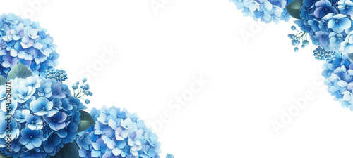 Blue hydrangea borders on a white background with copy space for adding text - Aesthetic blank floral banner - Wedding card with hydrangea flower borders - Printable card template