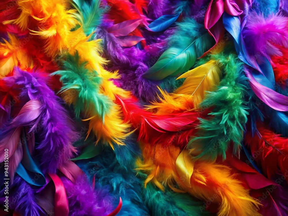 A lavish feathered boa unfurls in a kaleidoscope of colors, delicately draped over a sumptuous silk backdrop, exuding elegance and refinement. A lavish feathered boa unfurls in a kaleidoscope of colors, delicately draped over a sumptuous silk backdrop, exuding elegance and refinement.