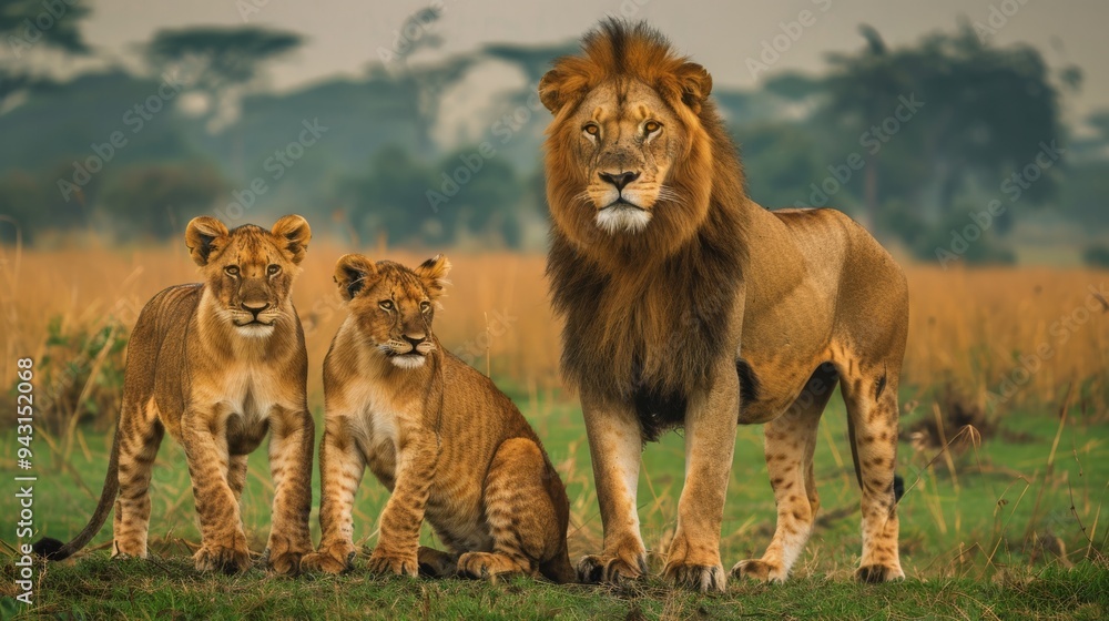 A proud lion stands protectively with two cubs in the grasslands, showcasing family bonds and the majestic essence of African wildlife. A proud lion stands protectively with two cubs in the grasslands, showcasing family bonds and the majestic essence of African wildlife.