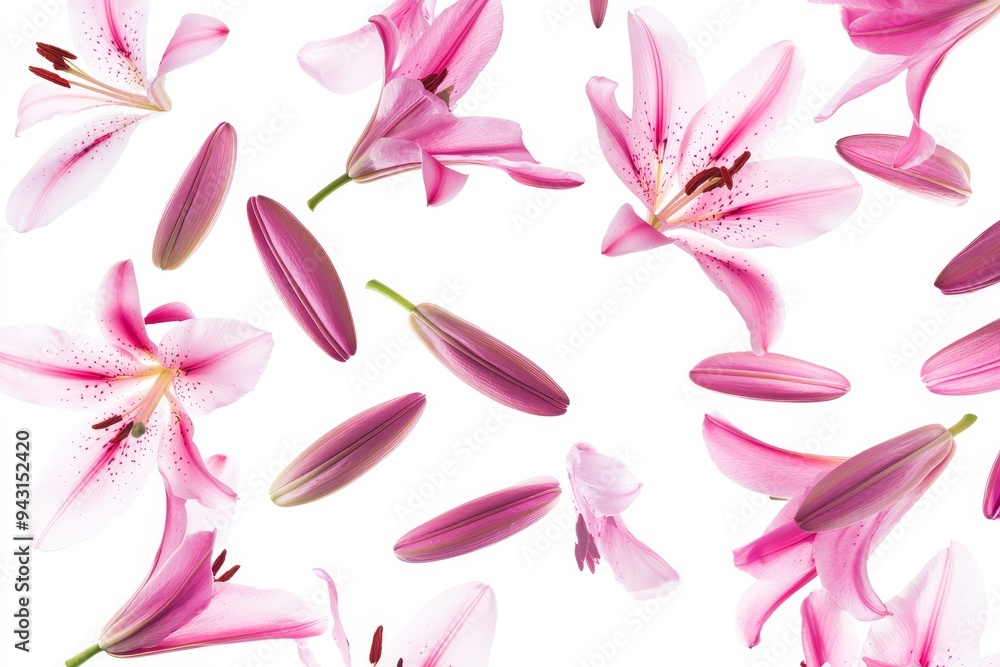 Isolated pink flowers with falling petals isolated on a white background, spring season floral element. Isolated pink flowers with falling petals isolated on a white background, spring season floral element.