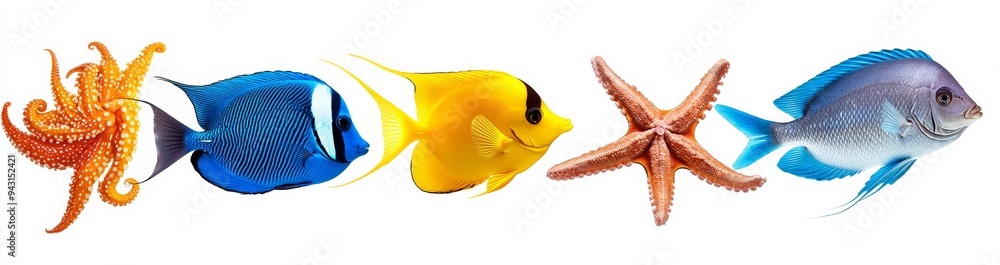 Naklejka premium The collection includes fish, starfish, octopus, and sea turtles isolated on a blue background.