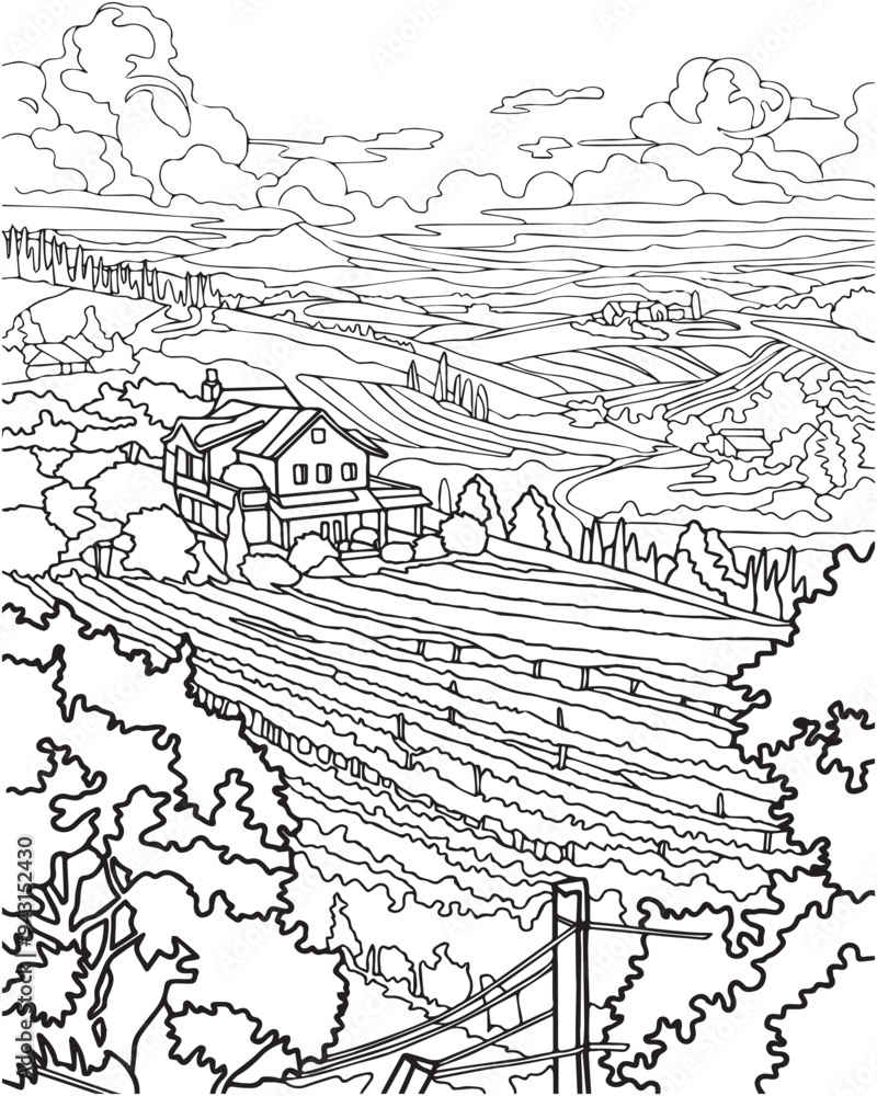 Coloring book. Landscape with country fields and house. Coloring book. Landscape with country fields and house.