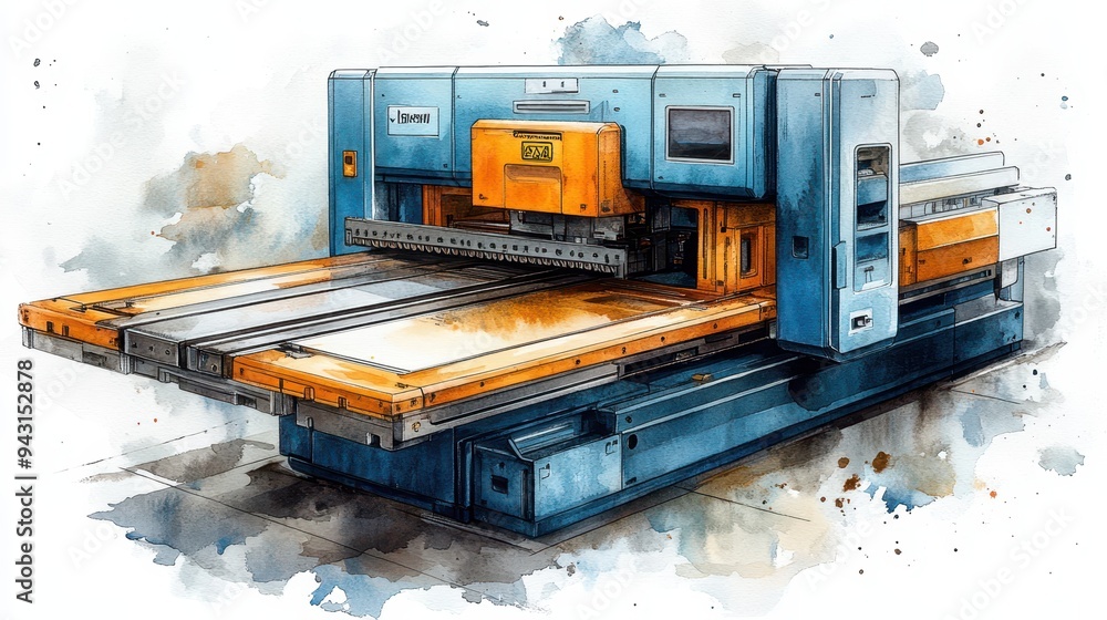 Industrial Watercolor Painting of a Modern Blue and Orange Metalworking Machine Industrial Watercolor Painting of a Modern Blue and Orange Metalworking Machine