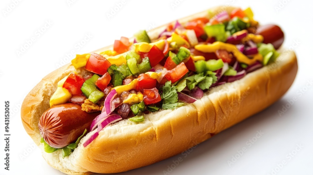 Close-up of a hot dog with all the classic fixings, presented on a white background. A perfect representation of American fast food tradition Close-up of a hot dog with all the classic fixings, presented on a white background. A perfect representation of American fast food tradition