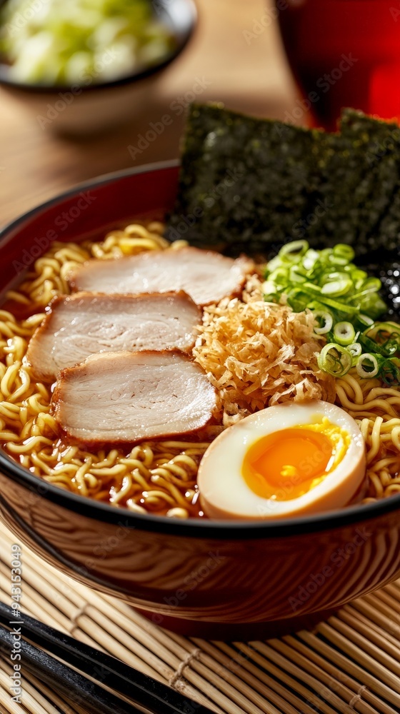 Japanese Ramen Noodle Soup with Pork, Egg, and Seaweed. Japanese Ramen Noodle Soup with Pork, Egg, and Seaweed.