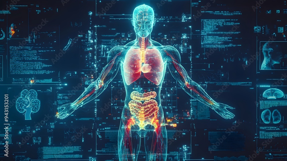 7. **Design a holographic representation of a human body with segmented layers showing various anatomical systems, such as the circulatory, respiratory, and nervous systems. The image should use 7. **Design a holographic representation of a human body with segmented layers showing various anatomical systems, such as the circulatory, respiratory, and nervous systems. The image should use