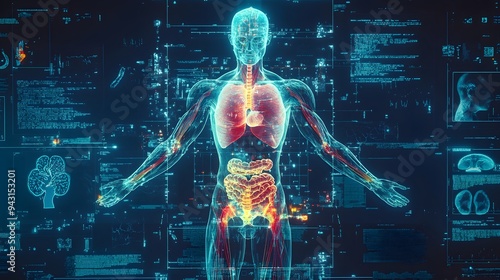 7. **Design a holographic representation of a human body with segmented layers showing various anatomical systems, such as the circulatory, respiratory, and nervous systems. The image should use