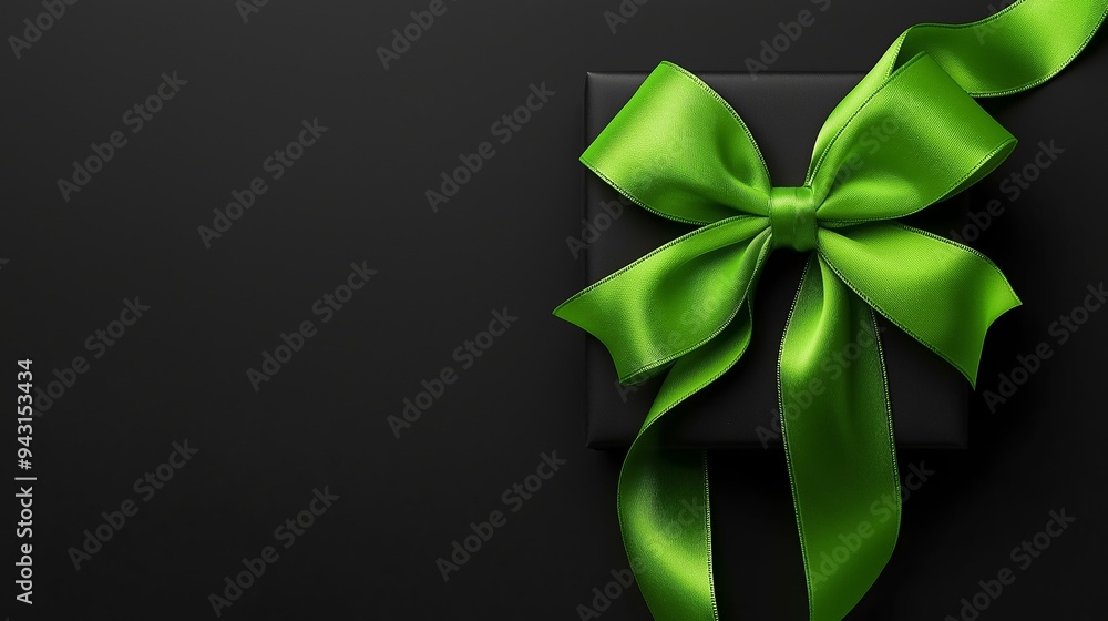 A green ribbon is tied around a black box A green ribbon is tied around a black box