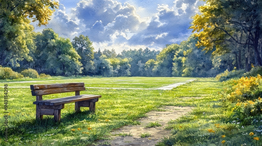Watercolor Painting of a Bench in a Sunny Park with Green Grass and a Path Watercolor Painting of a Bench in a Sunny Park with Green Grass and a Path