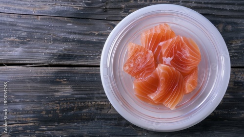 Slices of fresh salmon artfully arranged on a white dish, positioned on a rustic wooden table, showcasing their rich, vibrant color and marbled texture. photo