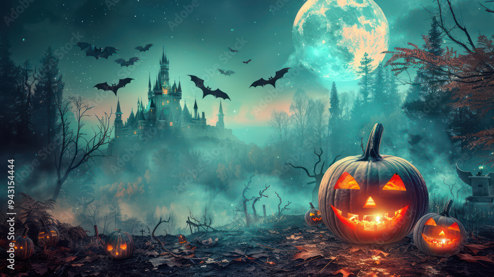 Halloween Pumpkin and dark castle with graveyard and bat. Full Moon spooky night mysterious forest darkness scene background. Holiday event halloween banner background concept Halloween Pumpkin and dark castle with graveyard and bat. Full Moon spooky night mysterious forest darkness scene background. Holiday event halloween banner background concept