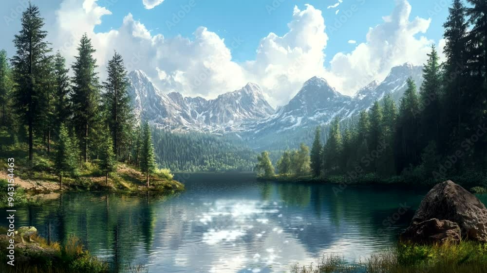 Majestic snow-capped mountains reflected in a tranquil forest lake surrounded by lush greenery. Nature scene concept Seamless looping 4k time-lapse animation video background Majestic snow-capped mountains reflected in a tranquil forest lake surrounded by lush greenery. Nature scene concept Seamless looping 4k time-lapse animation video background