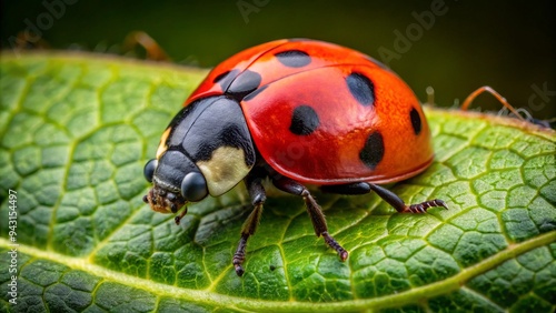 Photo image of a red and black ladybug of the Coccinellidae family perched on a leaf with intricate veins.