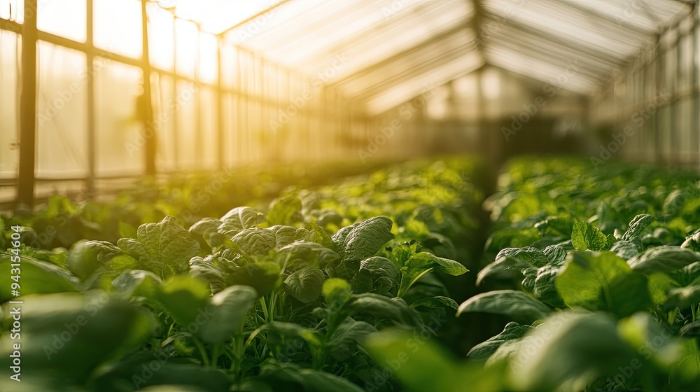 Interior shot of a modern greenhouse, filled with rows of vibrant green plants, showcasing sustainable farming and advanced food production techniques Interior shot of a modern greenhouse, filled with rows of vibrant green plants, showcasing sustainable farming and advanced food production techniques