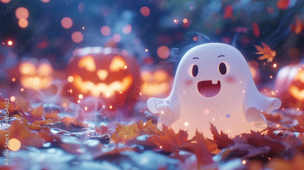 A futuristic Halloween forest at night scene with adorable cartoon ghosts floating around with happy smiling face expression pumpkins for Ads, social media, banner. Happy halloween holiday concept A futuristic Halloween forest at night scene with adorable cartoon ghosts floating around with happy smiling face expression pumpkins for Ads, social media, banner. Happy halloween holiday concept