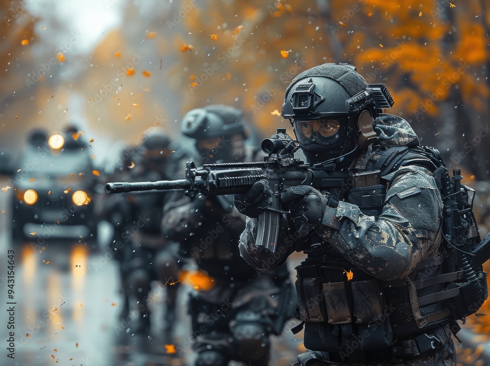 Fototapeta premium SWAT police officers in tactical gear maneuvering through a wooded area during a training exercise in autumn