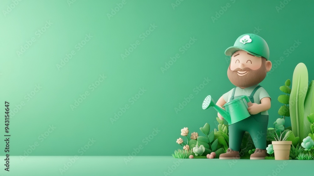 A cheerful gardener watering plants in a vibrant green setting, showcasing a love for nature and horticulture. A cheerful gardener watering plants in a vibrant green setting, showcasing a love for nature and horticulture.