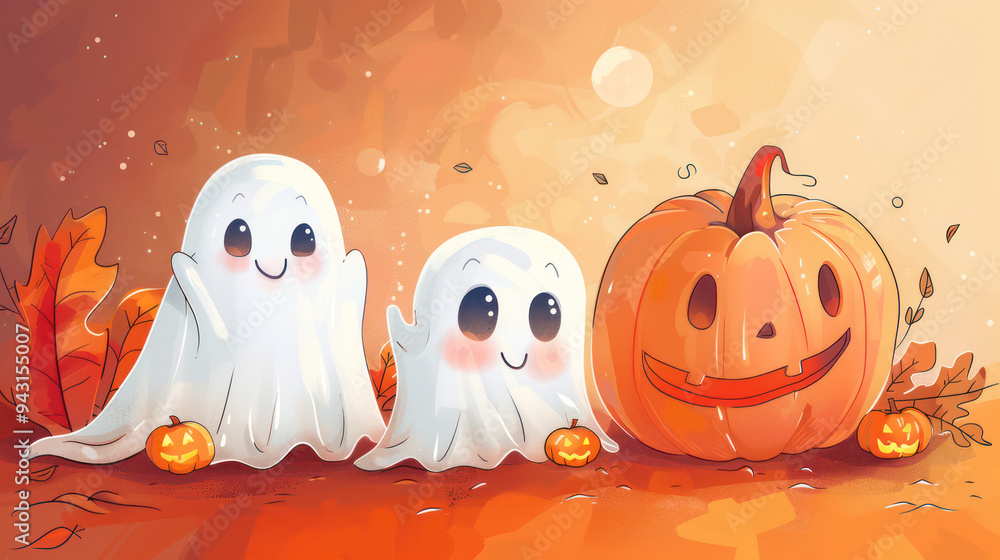 Obraz premium Halloween scene with adorable cartoon ghosts around and happy smiling face expression pumpkins on autumn orange leaves background for Ads, social media, banner. Happy event halloween holiday concept