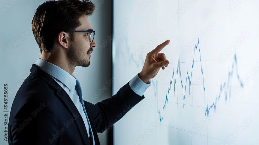 Businessman looking at graph on glass pane Businessman looking at graph on glass pane