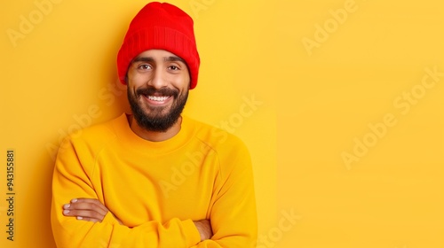 A man wearing a red hat and a yellow sweater is smiling. He is posing for a picture