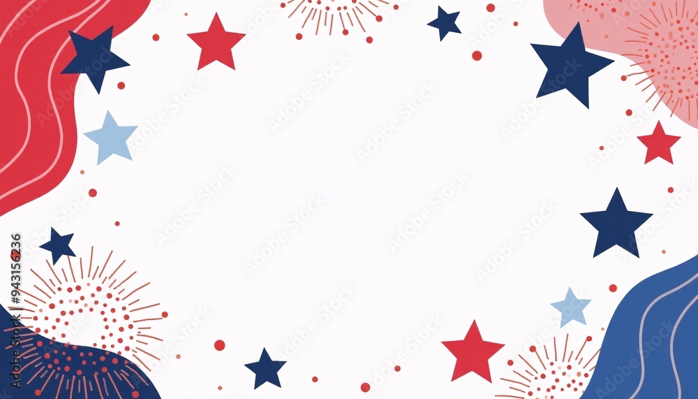 Fototapeta premium Banner with a minimalist patriotic design, featuring red, white, and blue abstract shapes and stars.