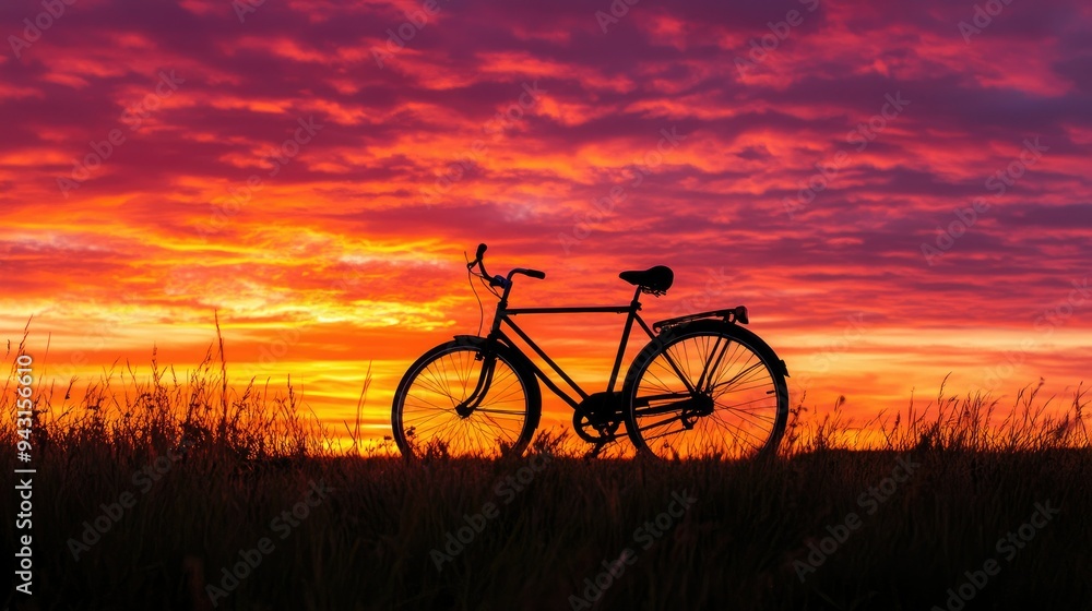 Obraz premium A bicycle silhouetted against a stunning sunset landscape, with the sky ablaze in warm colors and the horizon stretching into the distance.