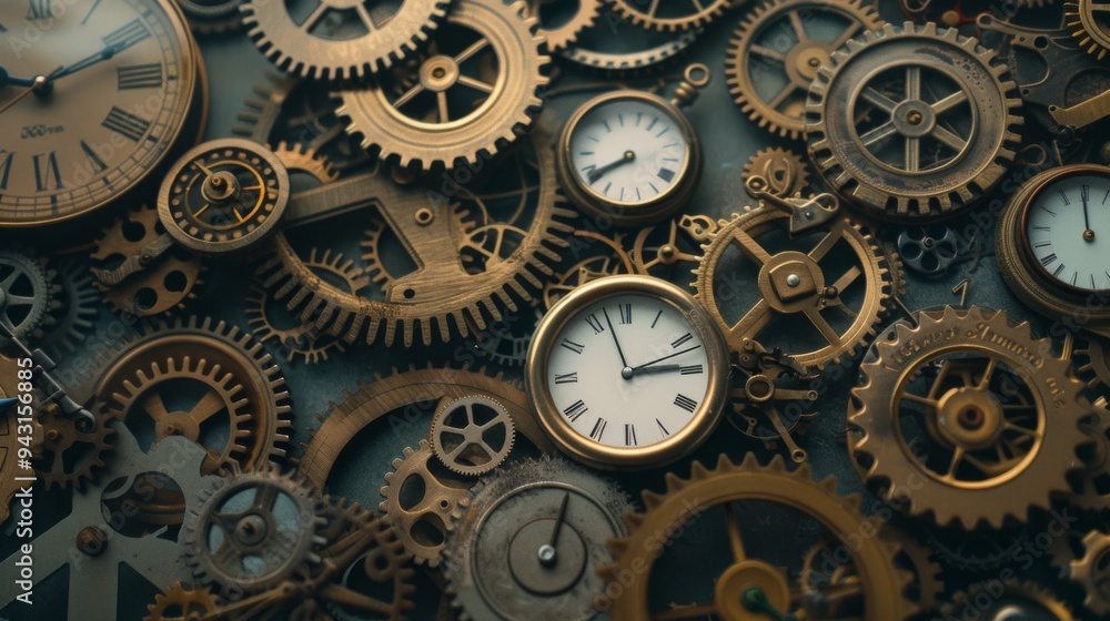 A detailed close-up view of intertwined, intricate clock gears and mechanisms, all finely crafted to showcase their mechanical beauty and precision. A detailed close-up view of intertwined, intricate clock gears and mechanisms, all finely crafted to showcase their mechanical beauty and precision.