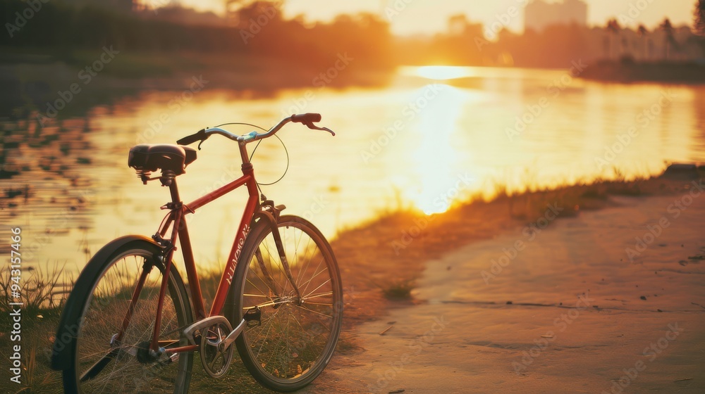 An old bicycle stands on a riverside path, bathed in warm sunset light, evoking a nostalgic and tranquil mood. An old bicycle stands on a riverside path, bathed in warm sunset light, evoking a nostalgic and tranquil mood.