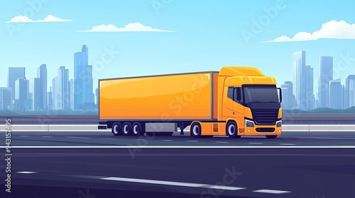 Yellow semi-trailer truck driving on city highway. photo