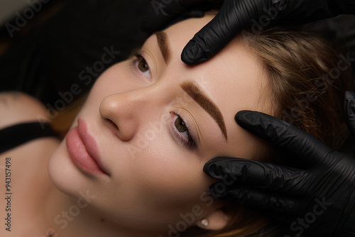 Photo of a girl after the procedure of permanent makeup, the master demonstrates the girl's eyebrow after the completion of tattooing. Permanent eyebrow makeup, eyebrow tattooing with brown pigment photo