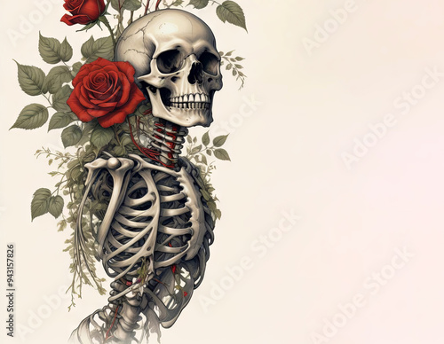 Illustration of a skeleton with red roses around it. Day of the Dead or Halloween